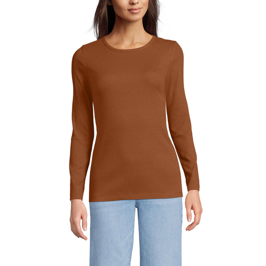 Lands' End Womens Long Sleeve Micro Rib Crew Rich Ginger Brown Tall X-Large
