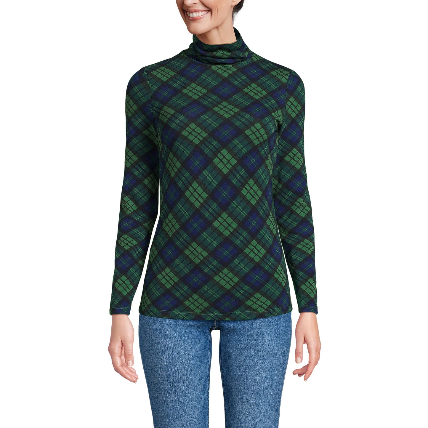Lands' End Womens Long Sleeve Shaped LWCM Turtleneck Light Emerald Blackwatch Plaid Tall Medium