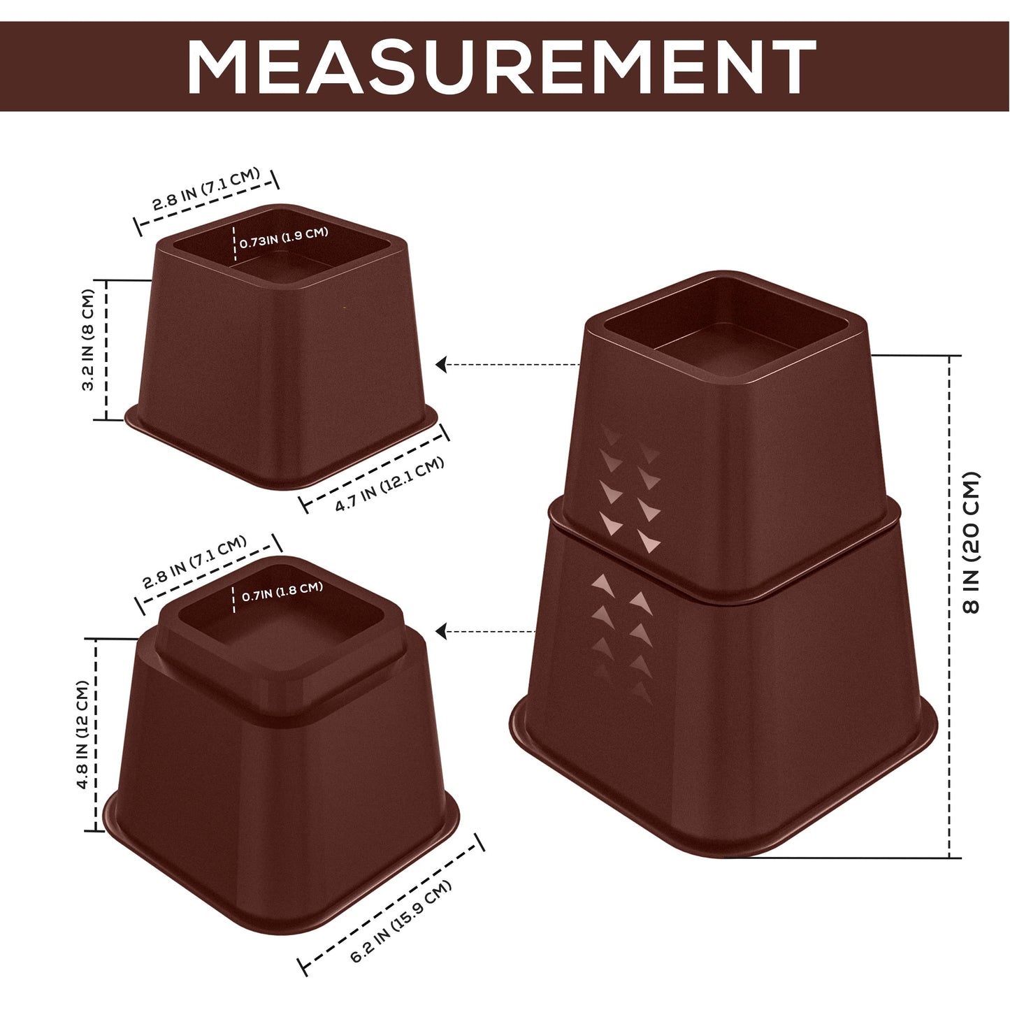 Utopia Bedding Adjustable Bed Furniture Risers - Elevation in Heights 3, 5 or 8 Inch Heavy Duty Risers for Beds - Supports up to 1,300 lbs - (Set of 4 Riser, Reddish Brown)