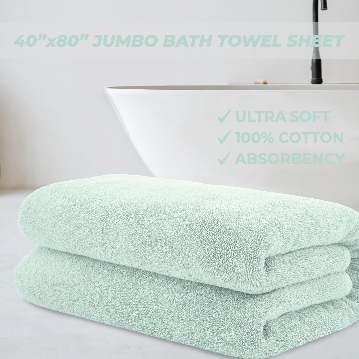 Cotton Paradise 100% Cotton 40x80 Oversized Bath Sheet, Extra Large Turkish Bath Towels for Bathroom, Mint Green Bathsheet