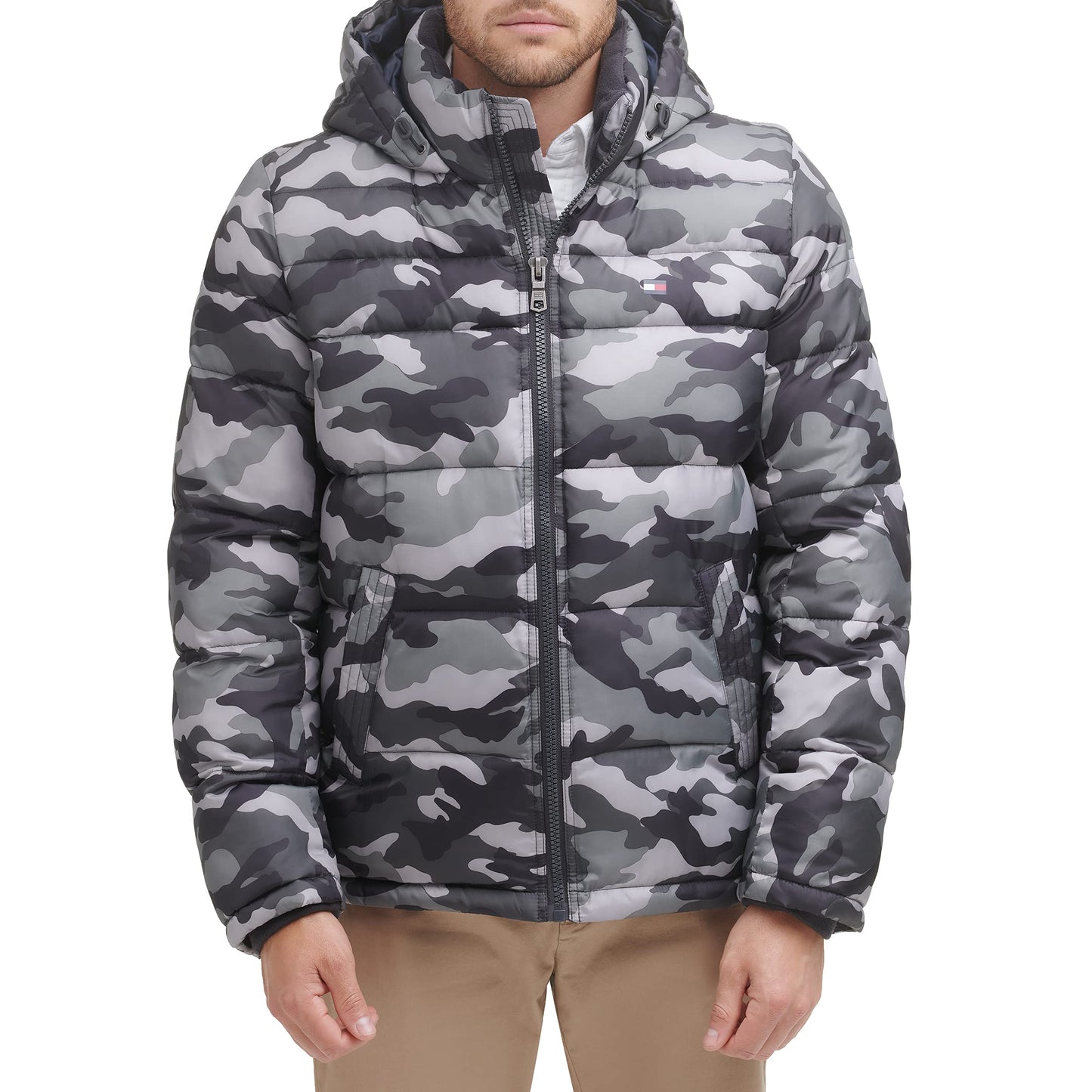Tommy Hilfiger mens Hooded Puffer Jacket Down Alternative Coat, Grey Camouflage, 3X-Large Tall US
