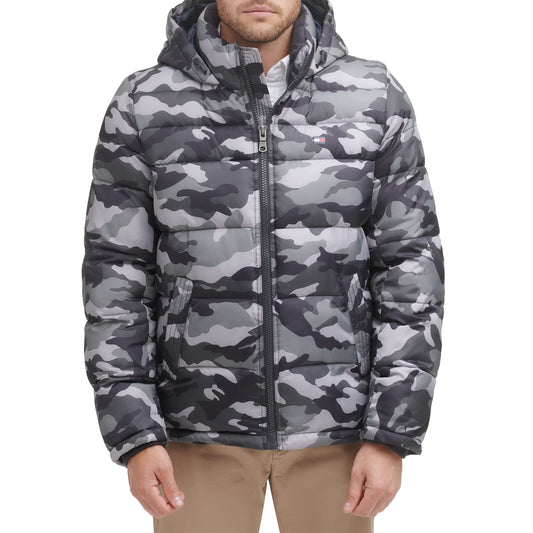 Tommy Hilfiger Men's Hooded Puffer Jacket, Grey Camouflage, 2X-Tall