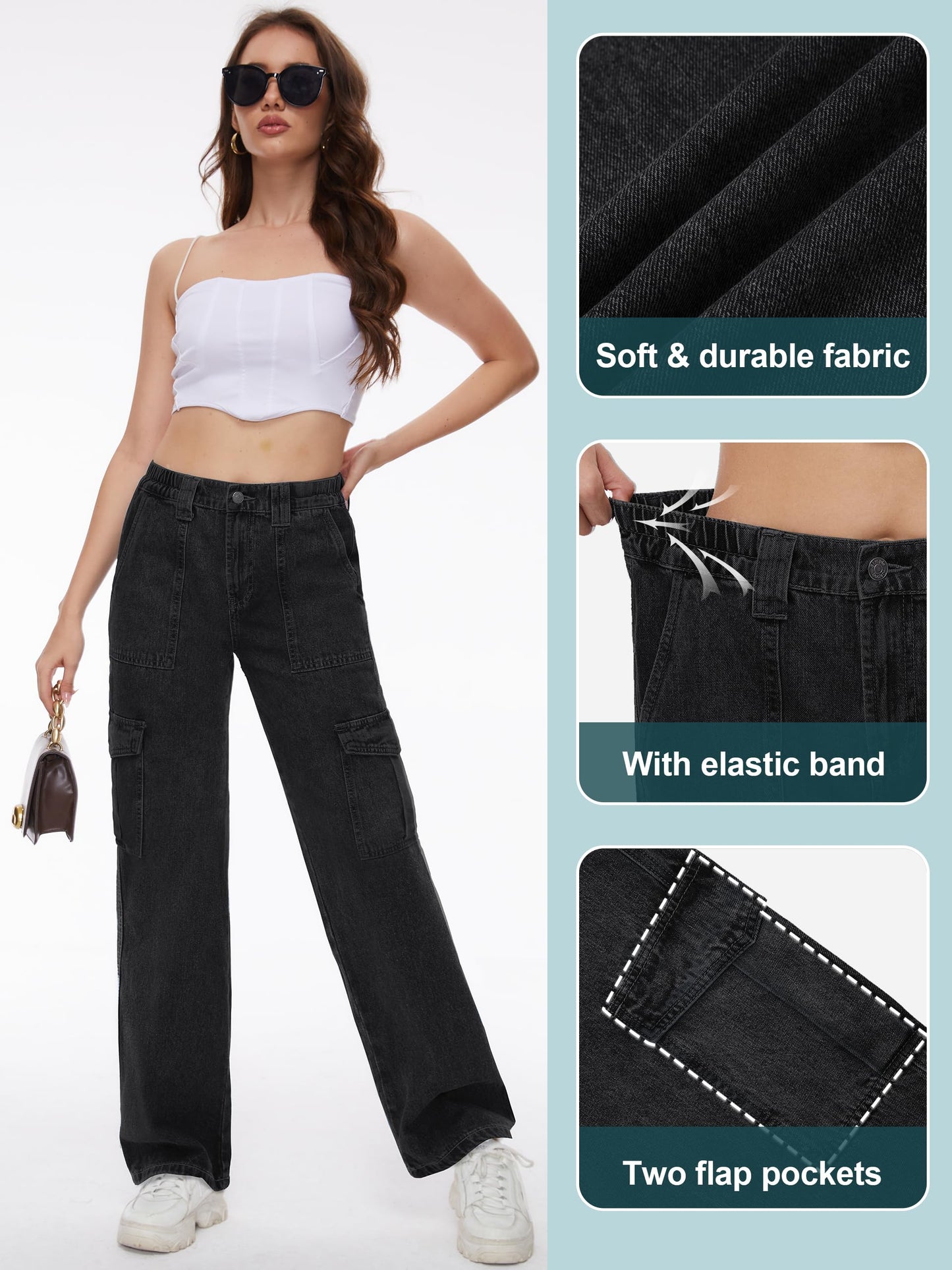 Tapata Women's 26"/28"/30"/32"/34" Cargo Jeans Straight Leg Short Petite Regular Tall Denim Relaxed Y2K Pants Black, XS