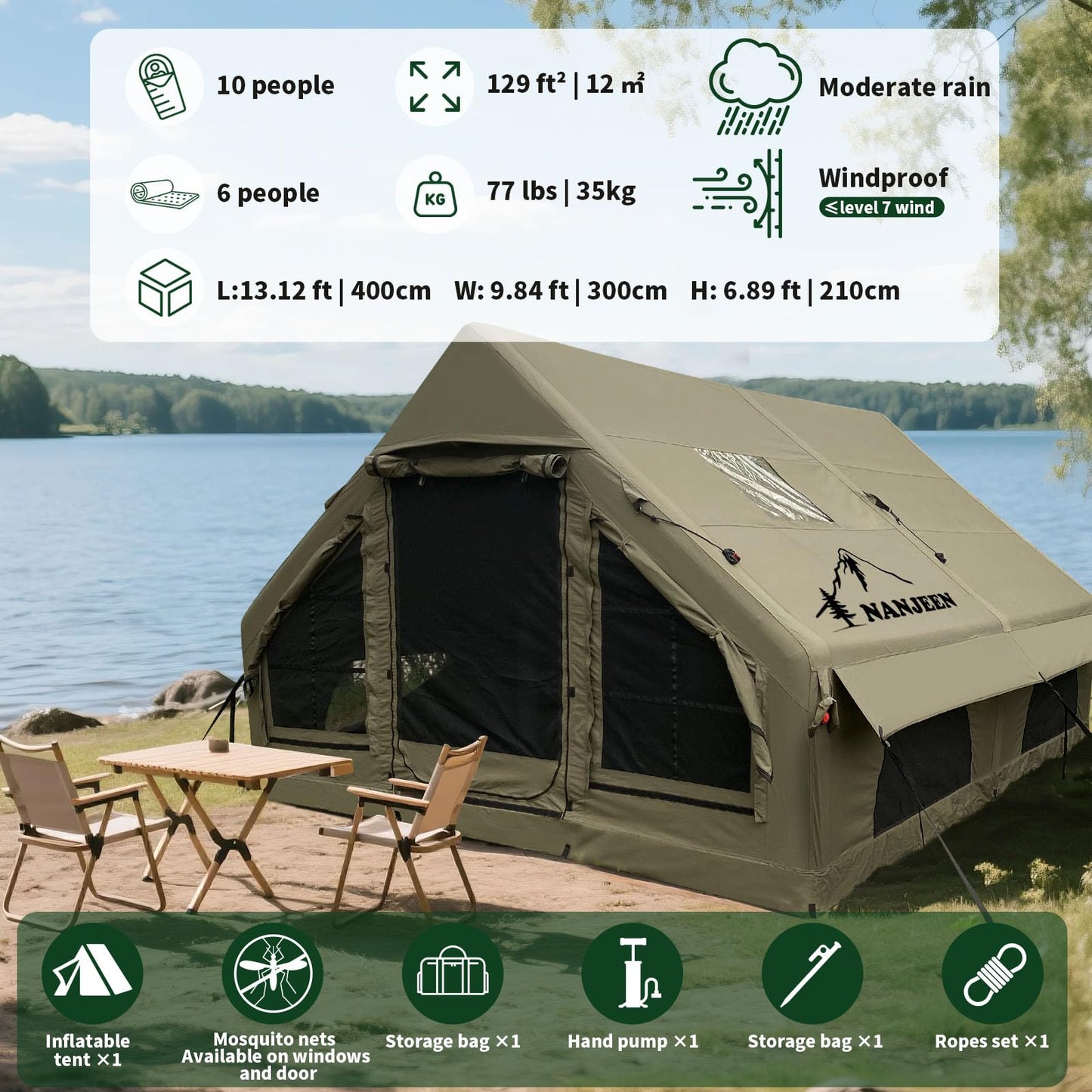 NANJEEN™ | Large Luxury Inflatable Camping Tent,Wind & Rain Resistant,12㎡ Interior,2-4-6-8-10 Person Shelter,8 Minutes Fast Setup with Hand Pump,Chimney Port, Dual Doors,Mosquito-Proof Mesh Windows