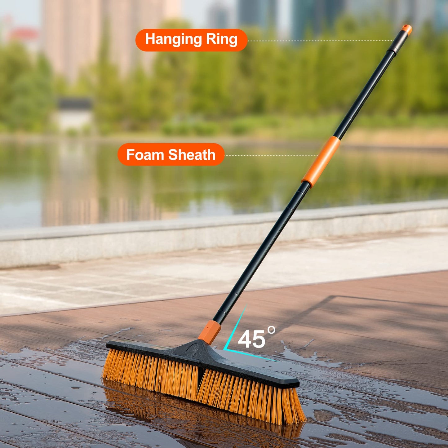 CLEANHOME 24”Push Broom Brush for Floor Cleaning with 65” Long Handle and Stiff Bristles, Heavy Duty Brush for Shop, Deck, Garage, Concrete,Indoor and Outdoor Broom,Orange