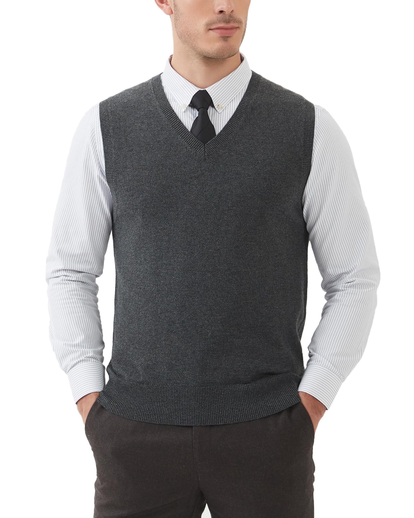 Kallspin Men's Big & Tall Wool Blended Vest Sweater Relaxed Fit V Neck Sleeveless Knitted Pullover (Charcoal L-Tall)