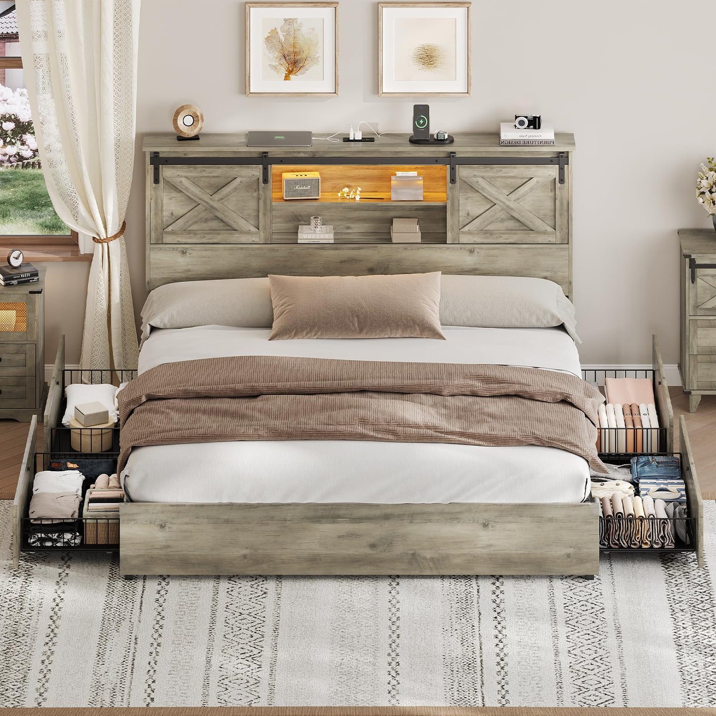 Hasuit Farmhouse Bed Frame California King Size with 4 Storage Drawers, Wooden Platform Cal King Beds with Charging Station and LED Lights, Rustic Bed with Storage Headboard and Sliding Barn Door