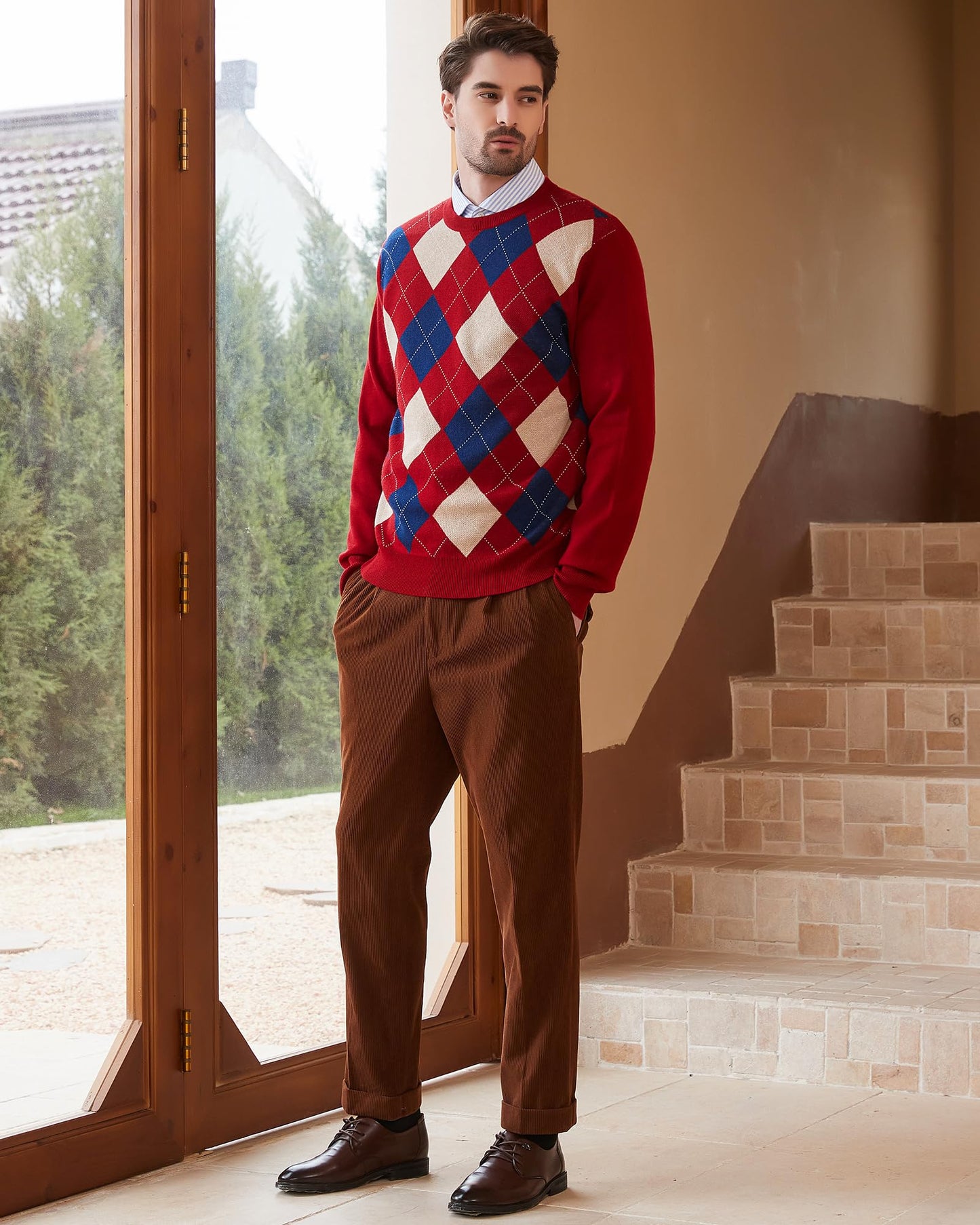 Kallspin Men's Wool Blend Crewneck Sweater Argyle Long Sleeve Pullover Sweater for Casual Or Dressy Wear(Burgundy Red,2XL-Tall)
