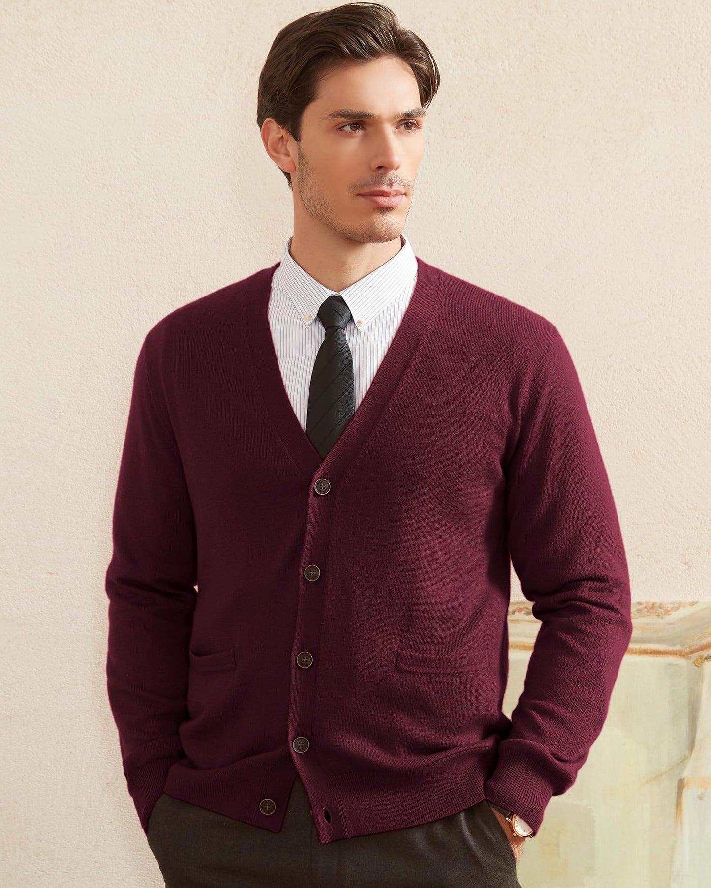 Kallspin Men's Tall Cardigan Sweaters Wool Blend V Neck Button Down Sweaters with Pockets(Burgundy Red, 3XL-Tall)