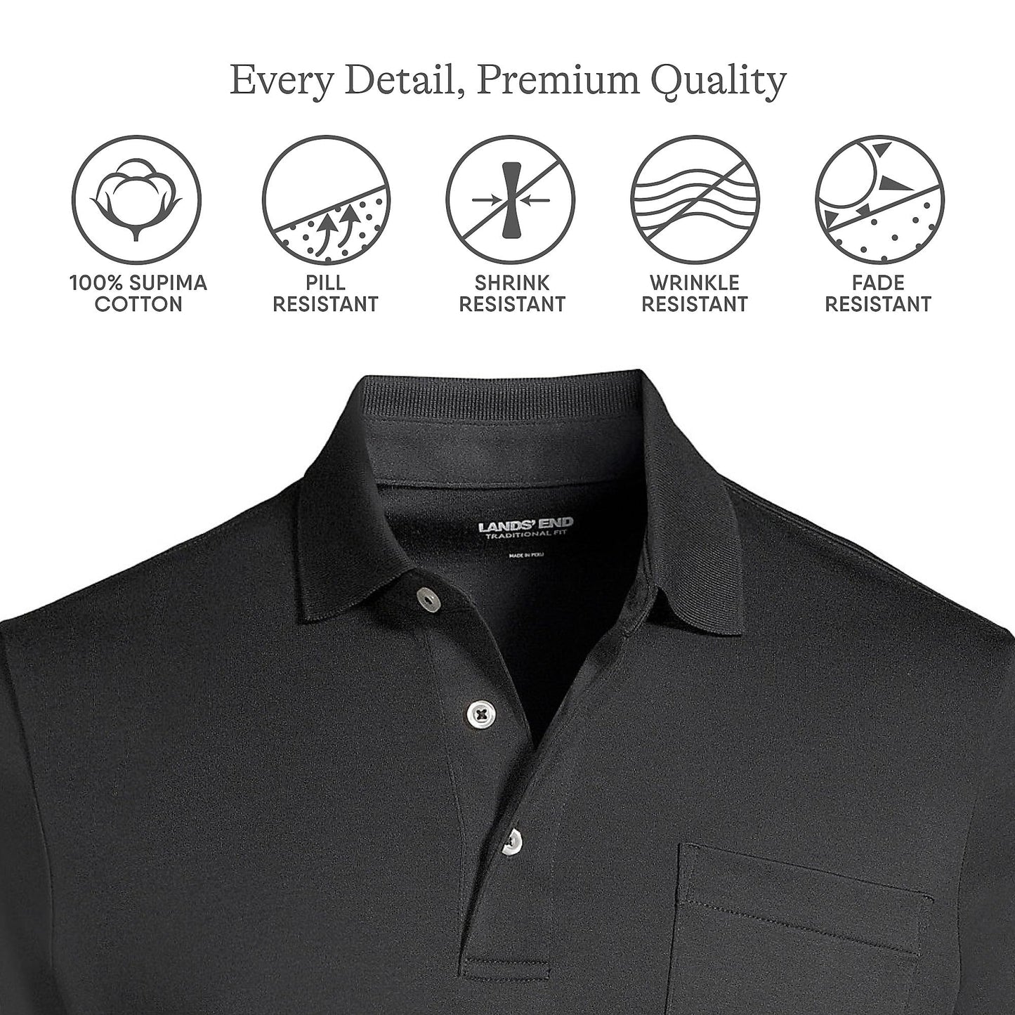 Lands' End Mens Short Sleeve Pocket Supima Polo Black Tall Medium