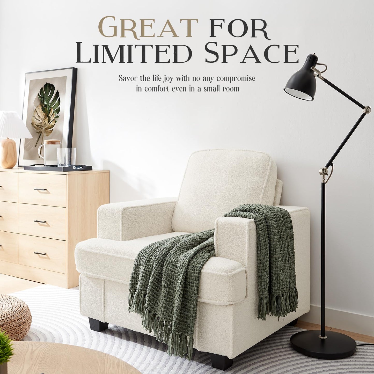 Couches for Living Room, 38” Cloud Couch in Soft Teddy Fleece, Removable Cover, Easy Assembly, Modern Sofa for Living Room/Bedroom/Office/Apartment, Beige