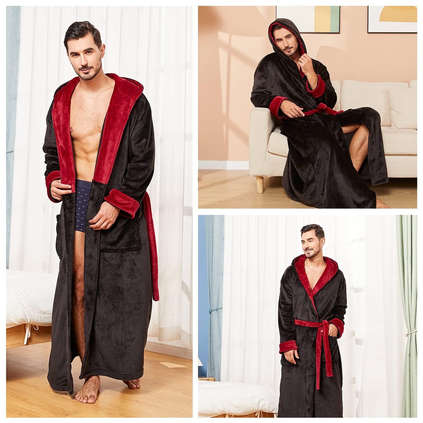 FashGudim Mens Robes Big and Tall with Hood Two-Tone Flannel Fleece Contrast Bathrobe Full Length Plush Long Robe Warm House Coat (Black & Burgundy, S/M)