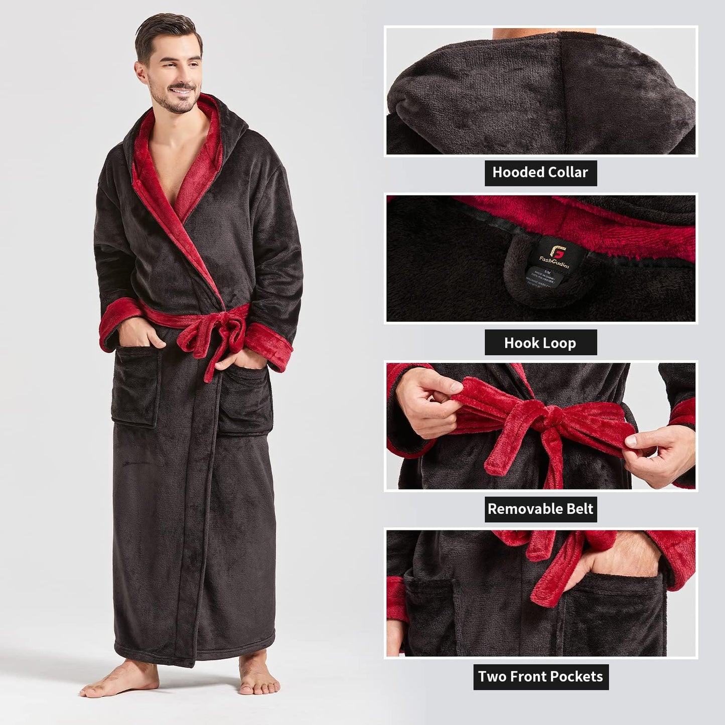 FashGudim Mens Robes Big and Tall with Hood Two-Tone Flannel Fleece Contrast Bathrobe Full Length Plush Long Robe Warm House Coat (Black & Burgundy, S/M)
