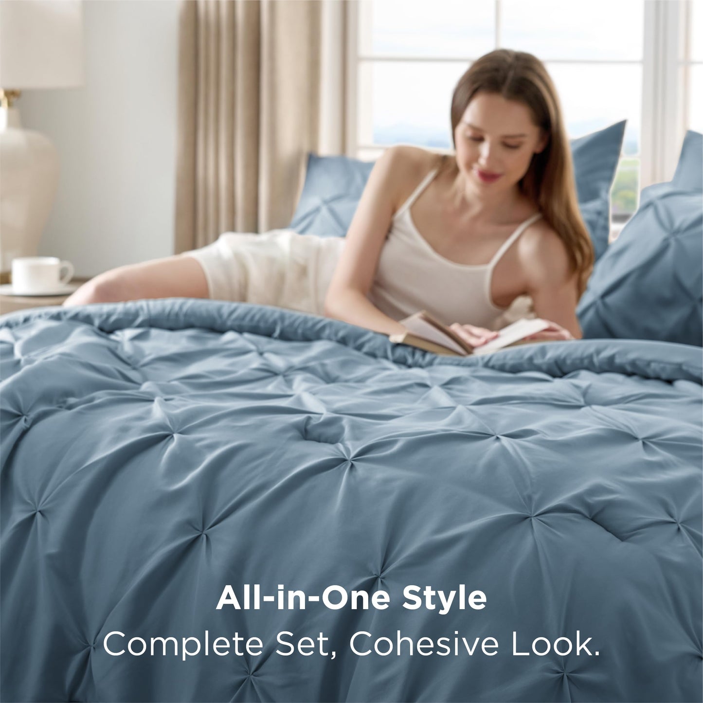 Bedsure California King Comforter Set Mineral Blue - Bed in a Bag California King 7 Pieces, GentleSoft™ Pintuck Bed Set Gift for Family, Pinch Pleat Blue Comforter with Sheets, Pillowcases & Shams