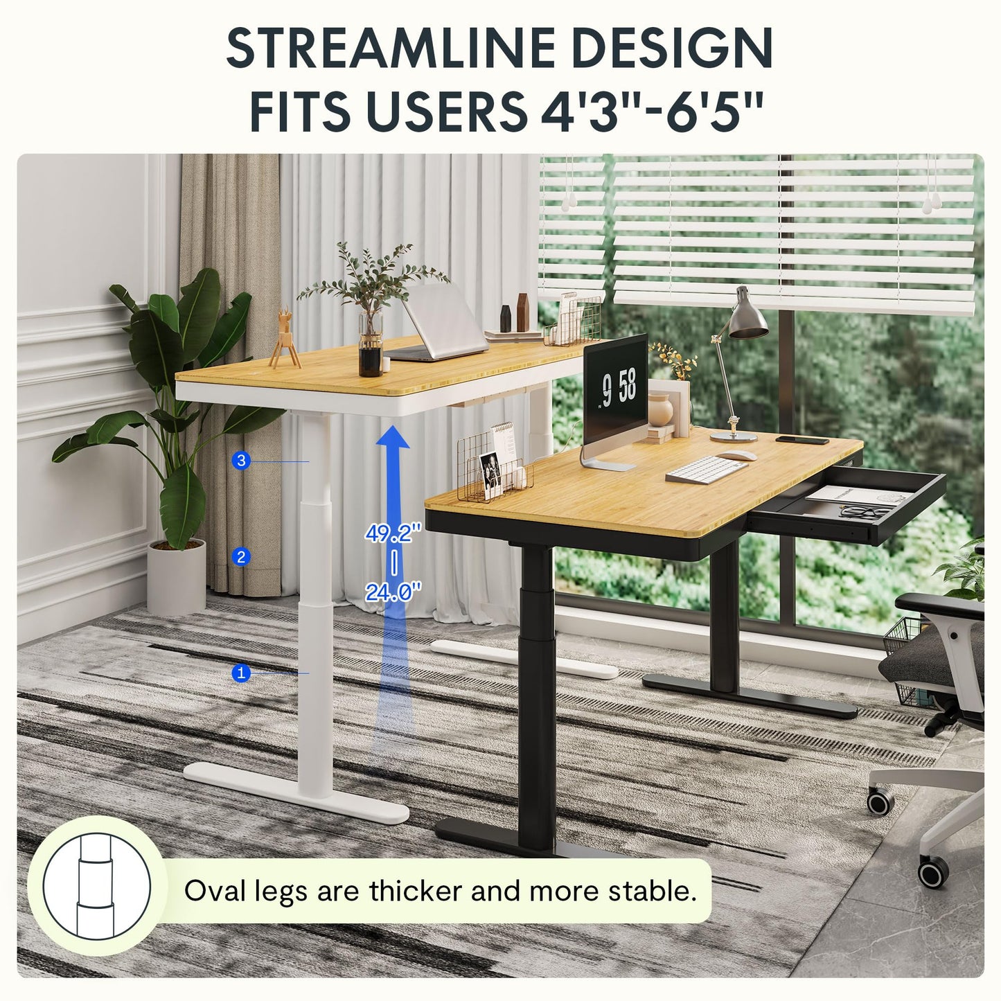 SANODESK Standing Desk with Drawer,Dual Motor 3 Stage Electric Height Adjustable Home Office Desk with Storage & Wireless Charging, 55 inch Bamboo Tabletop/Black Frame - 49.2" Max Height