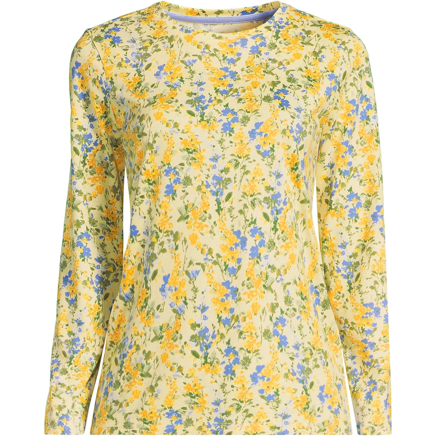 Lands' End Womens Long Sleeve Relaxed Supima Cotton Crew Neck T Shirt Golden Candle Light Floral Tall Large