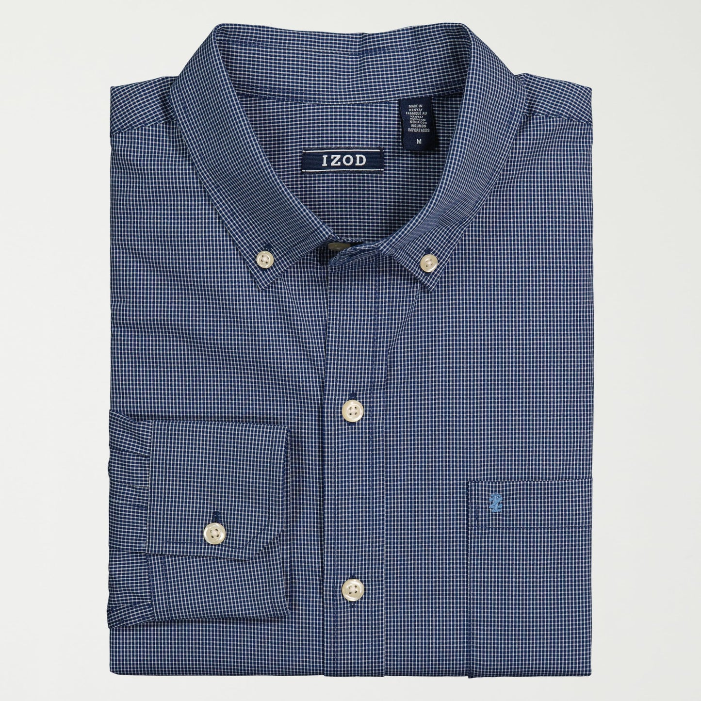 IZOD Men's Big and Tall Performance Comfort Long Sleeve Gingham Button Down Shirt, Estate Blue