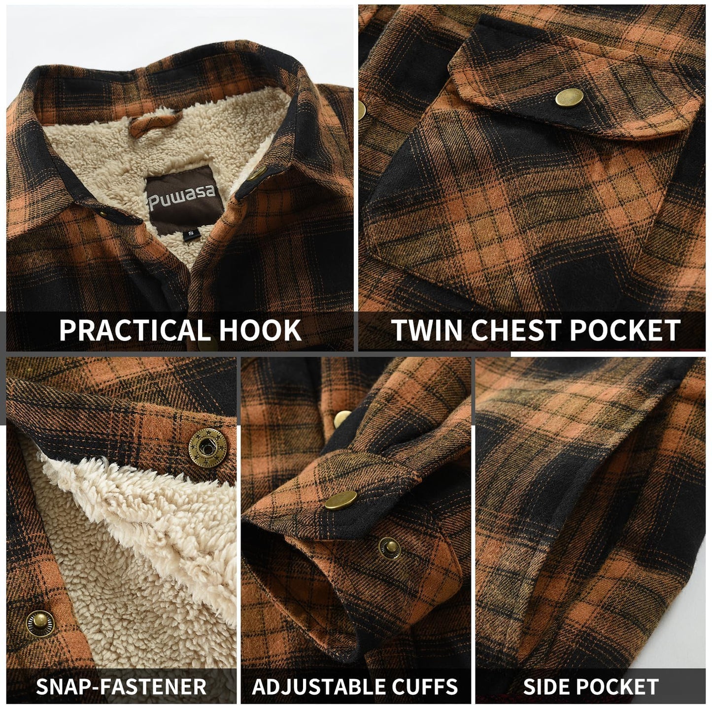 Puwasa Men's Sherpa Lined Cotton Flannel Shirt Jacket Plaid Button Up Jacket Coat for Men with Pocket Orange Large Tall