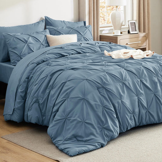 Bedsure California King Comforter Set Mineral Blue - Bed in a Bag California King 7 Pieces, GentleSoft™ Pintuck Bed Set Gift for Family, Pinch Pleat Blue Comforter with Sheets, Pillowcases & Shams