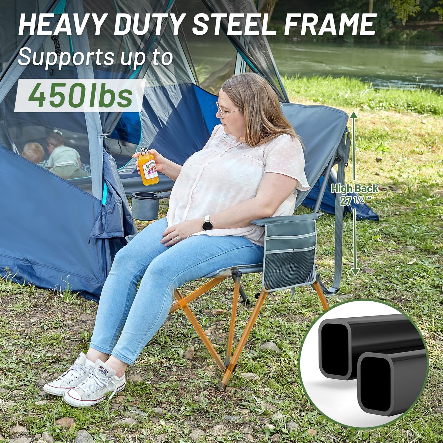 TIMBER RIDGE Oversized Camping Chair with Lumbar Support, Portable Folding Chair Heavy Duty for Adults Supports 450 LBS for Outdoor Camping, Lawn, with High Back, Cup Holder, Side Pocket - Grey