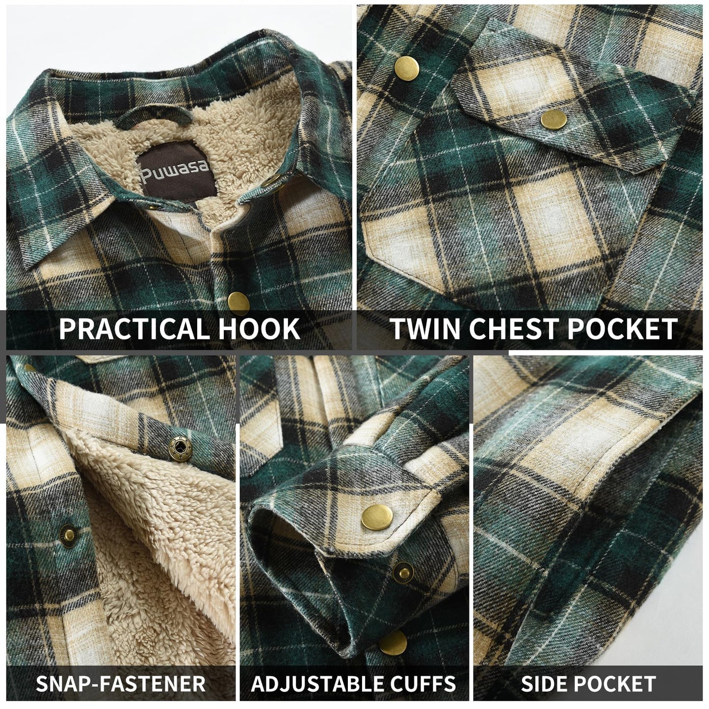 Puwasa Men's Cotton Flannel Shirt Jacket Long Sleeve Fleece Casual Button Down Plaid Jacket Brushed Soft Outdoor Coat with Pocket Green X-Large Tall