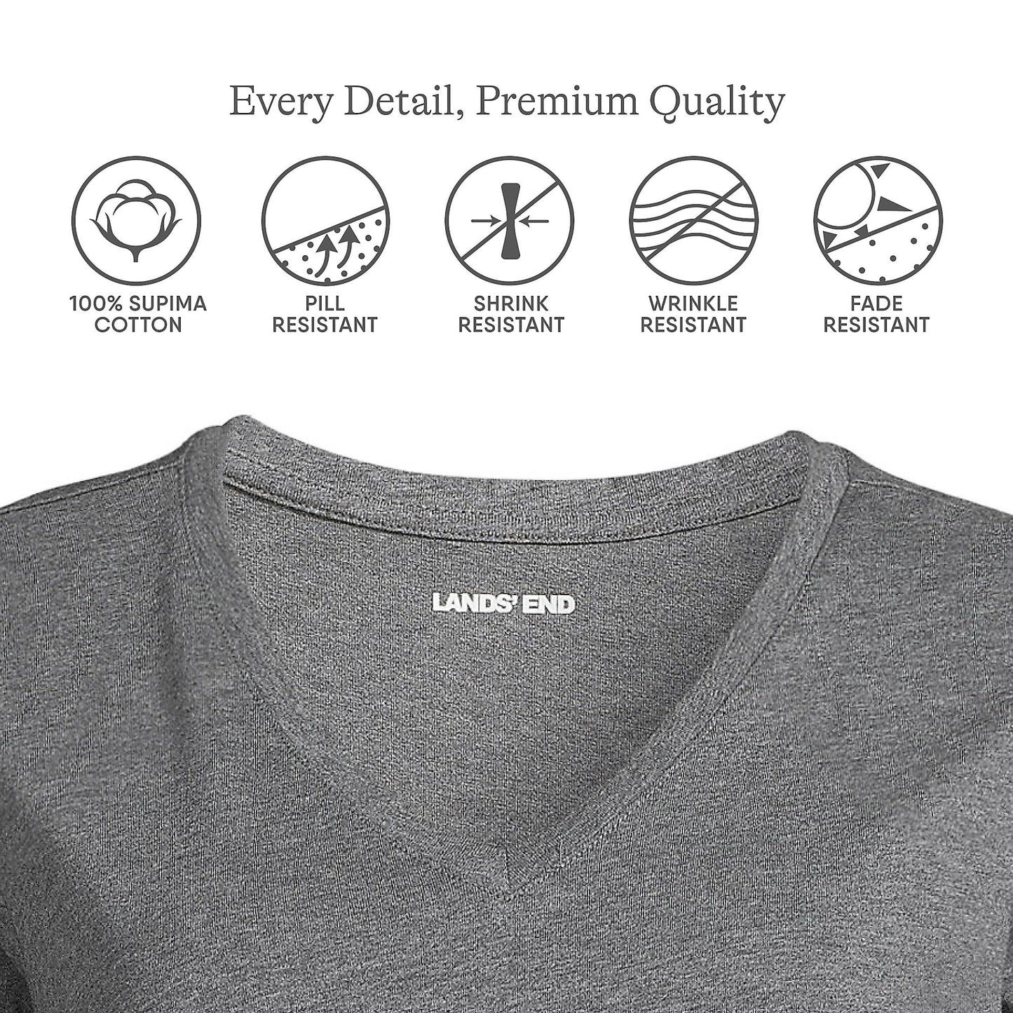 Lands' End Womens SS Relaxed Supima V Neck T Shirt Charcoal Heather Tall Medium