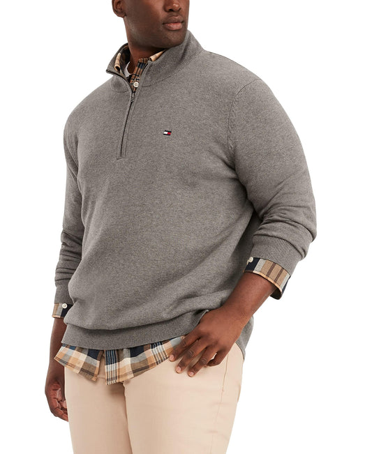 Tommy Hilfiger Men's Big and Tall Long Sleeve Cotton Quarter Zip Pullover Sweater, Grey Heather, 3XL-Tall