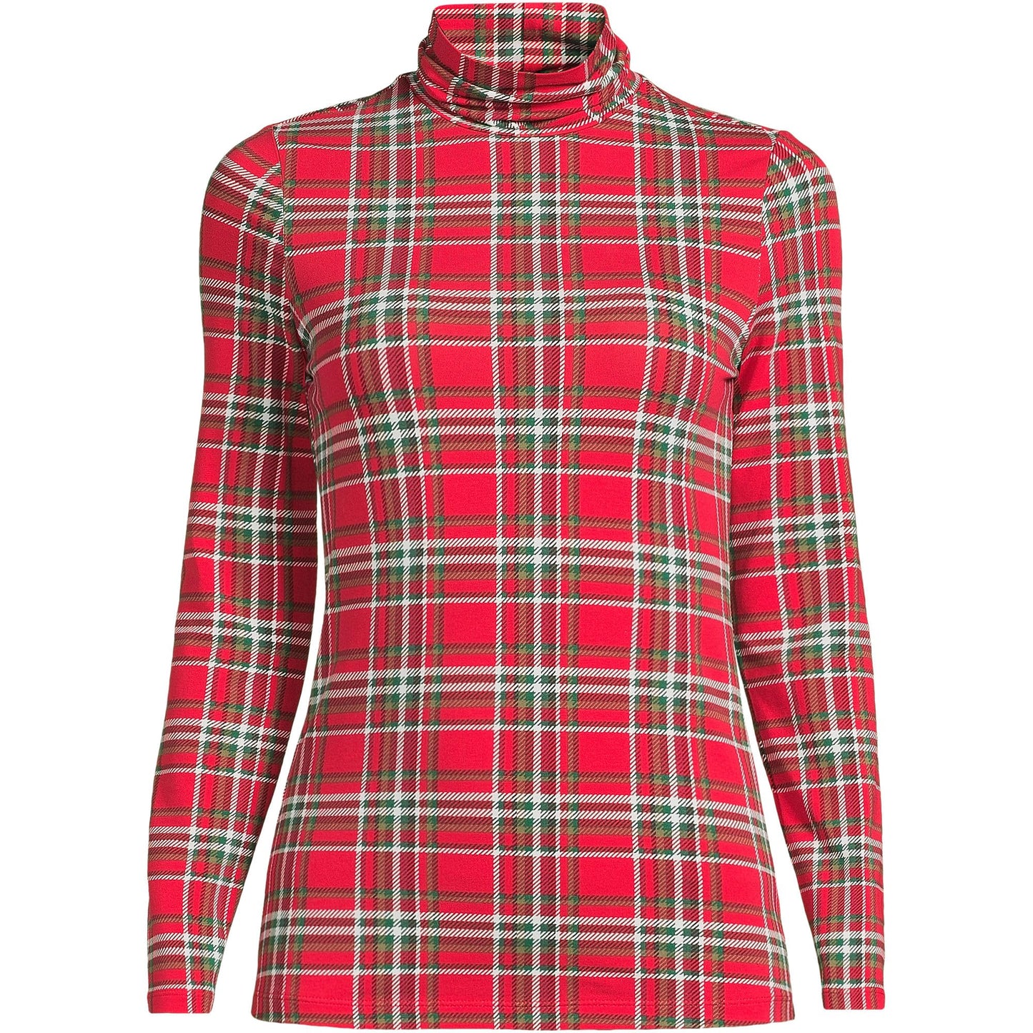 Lands' End Womens Long Sleeve Shaped LWCM Turtleneck Compass Red/Emerald Plaid Tall Medium