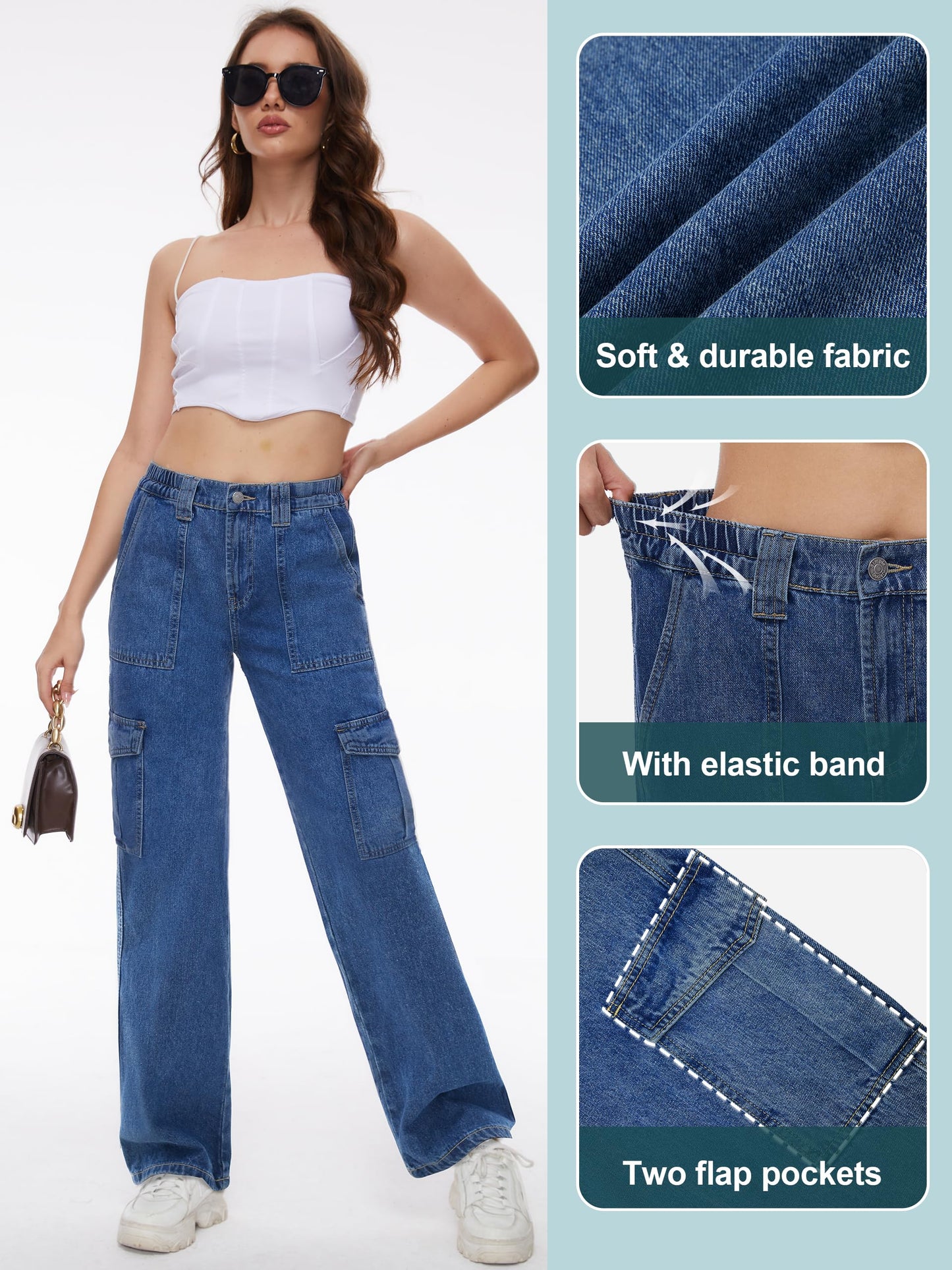 Tapata Women's 26"/28"/30"/32"/34" Cargo Jeans Straight Leg Short Petite Regular Tall Denim Y2K Pants Deep Blue, XL