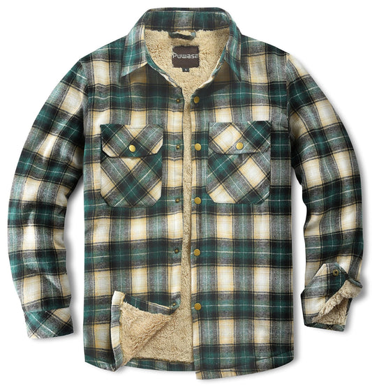 Puwasa Men's Flannel Jackets Sherpa Lined Side Pocket Shirt Jacket Plaid Button Up Camp Night Coat with Pocket Green Large Tall