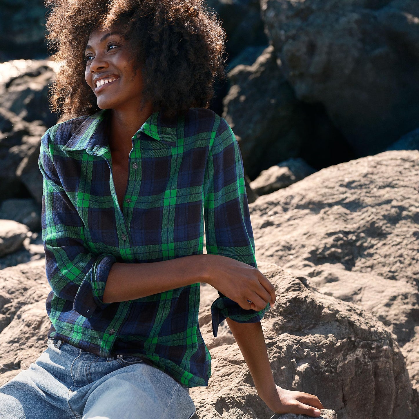 Lands' End Womens Flannel Boyfriend Long Sleeve Shirt Rich Clover/Navy Plaid Tall Large