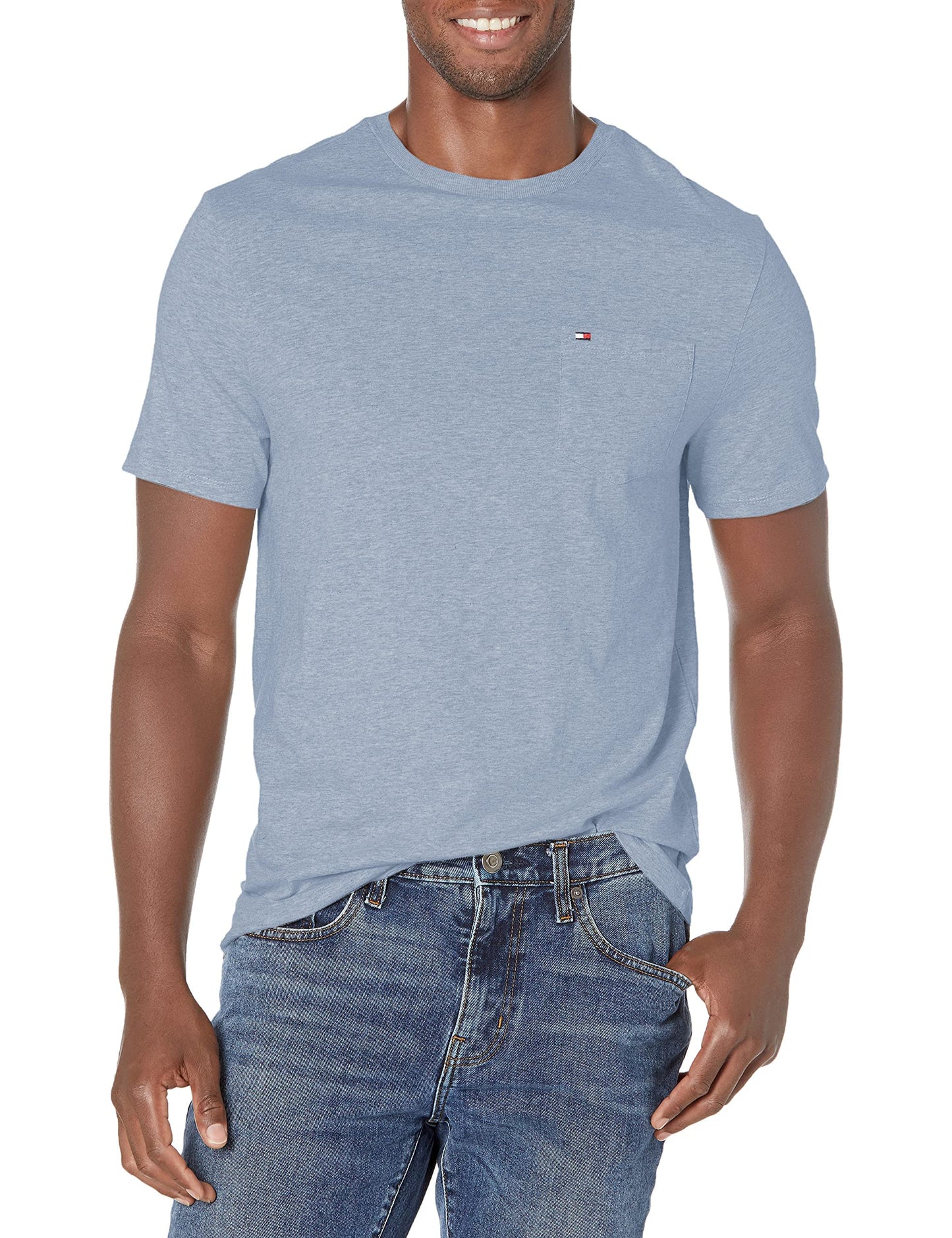 Tommy Hilfiger mens Tommy Hilfiger Men's Short Sleeve Crewneck With Pocket T Shirt, Malaga Blue Heather, 5X-Large Tall US
