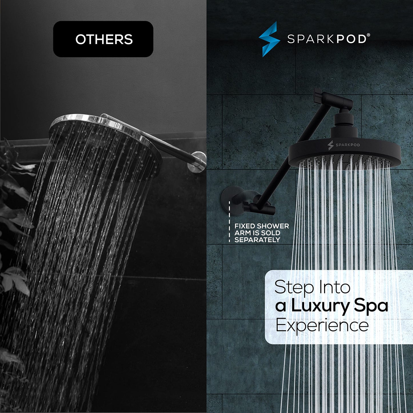 SparkPod Round Rain Shower Head with Extension Arm - Height Adjustable Shower Head with High Pressure Performance - Easy 1-Minute Installation (11" Arm Extension, Midnight Black Matte)