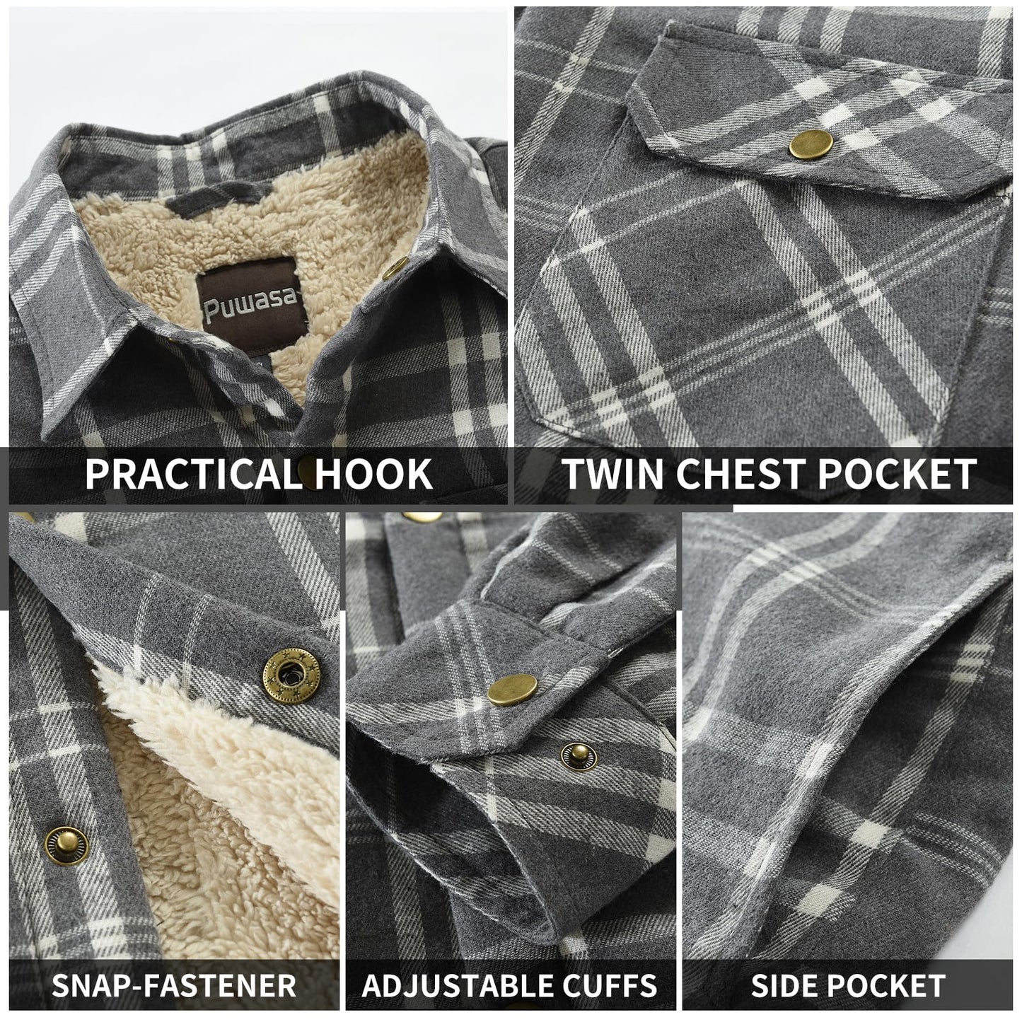 Puwasa Men's Sherpa Lined Cotton Flannel Shirt Jacket Plaid Button Up Jacket Coat for Men with Pocket Grey Large Tall