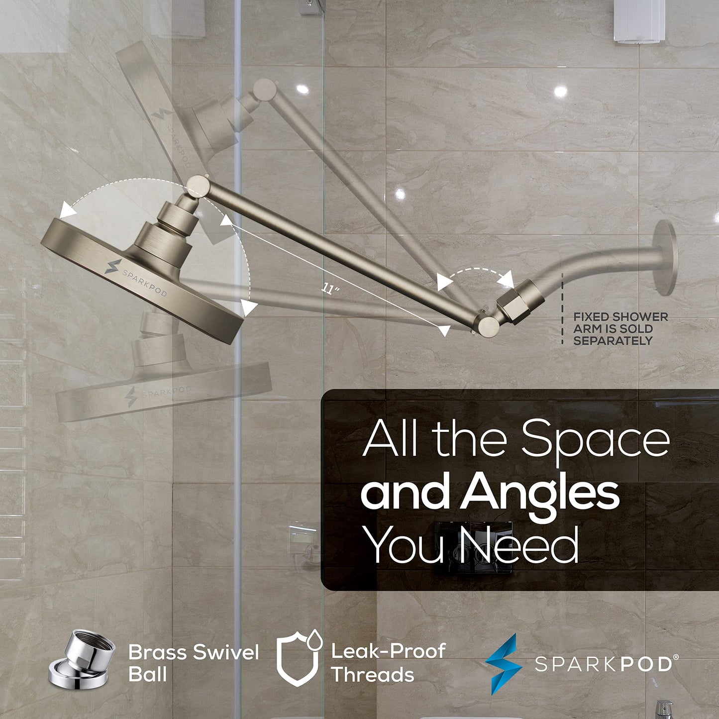 SparkPod Round Rain Shower Head with Extension Arm - Height Adjustable Shower Head with High Pressure Performance - Easy 1-Minute Installation (11" Arm Extension, Elegant Brushed Nickel)