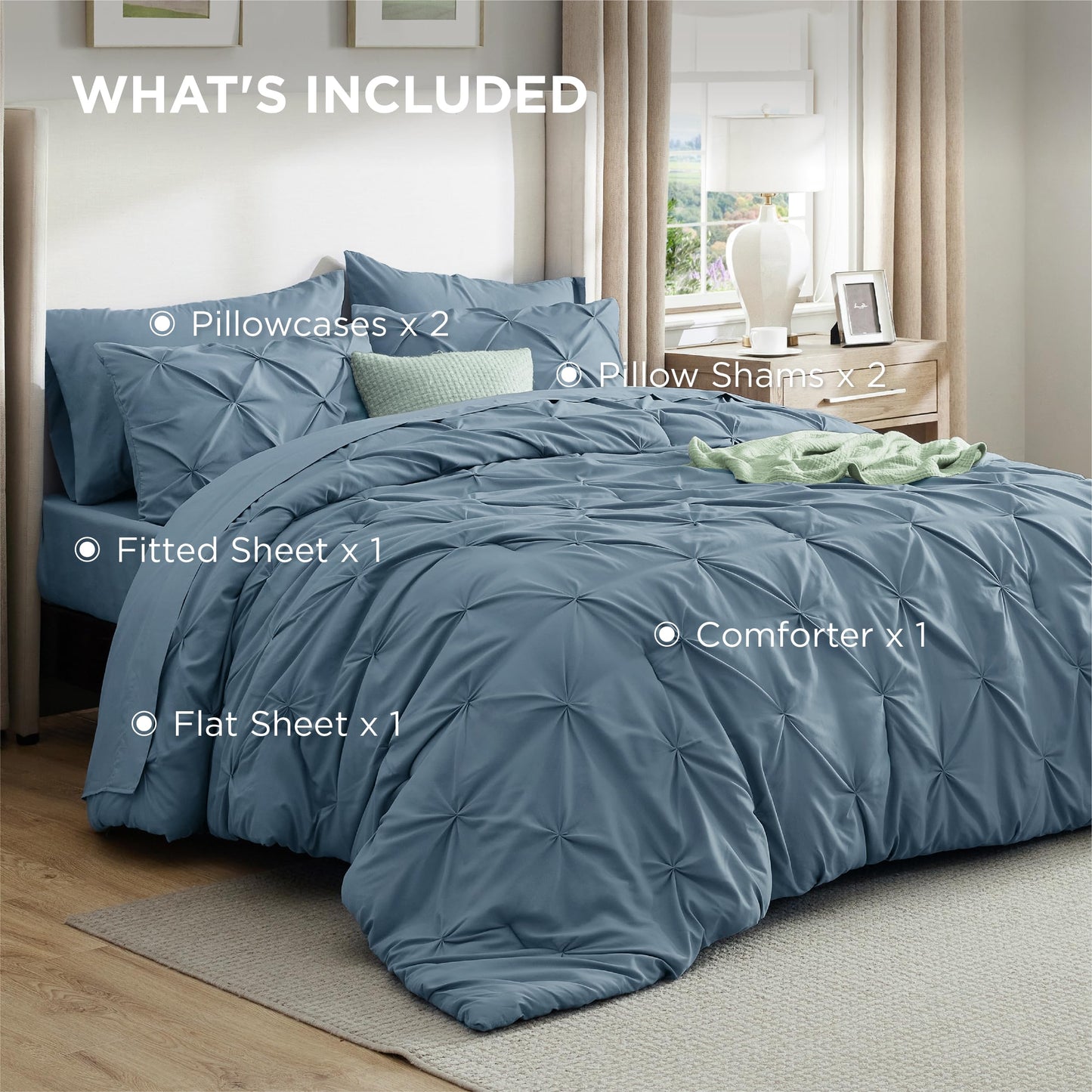 Bedsure California King Comforter Set Mineral Blue - Bed in a Bag California King 7 Pieces, GentleSoft™ Pintuck Bed Set Gift for Family, Pinch Pleat Blue Comforter with Sheets, Pillowcases & Shams