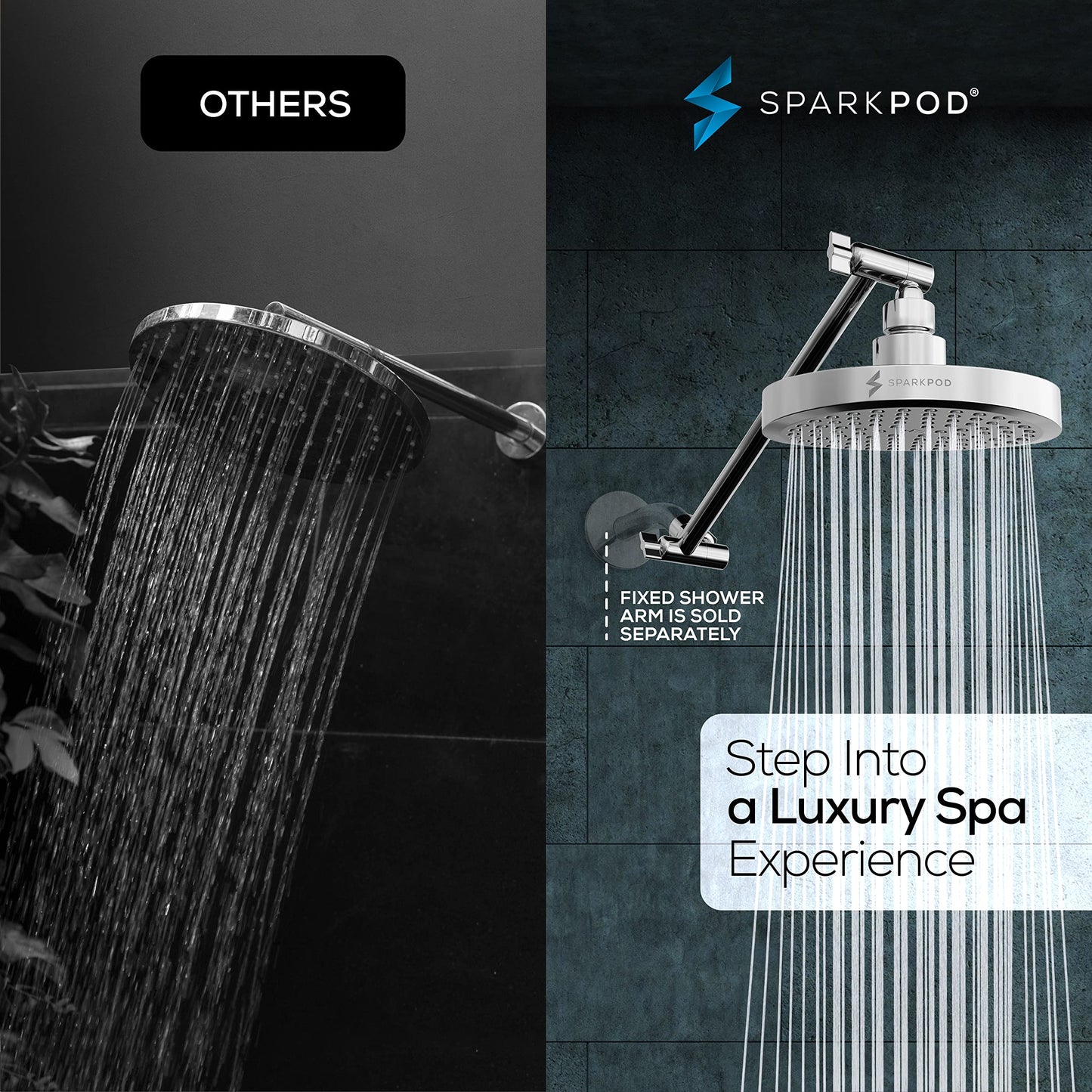 SparkPod Round Rain Shower Head with Extension Arm - Height Adjustable Shower Head with High Pressure Performance - Easy 1-Minute Installation (11" Arm Extension, Luxury Polished Chrome)