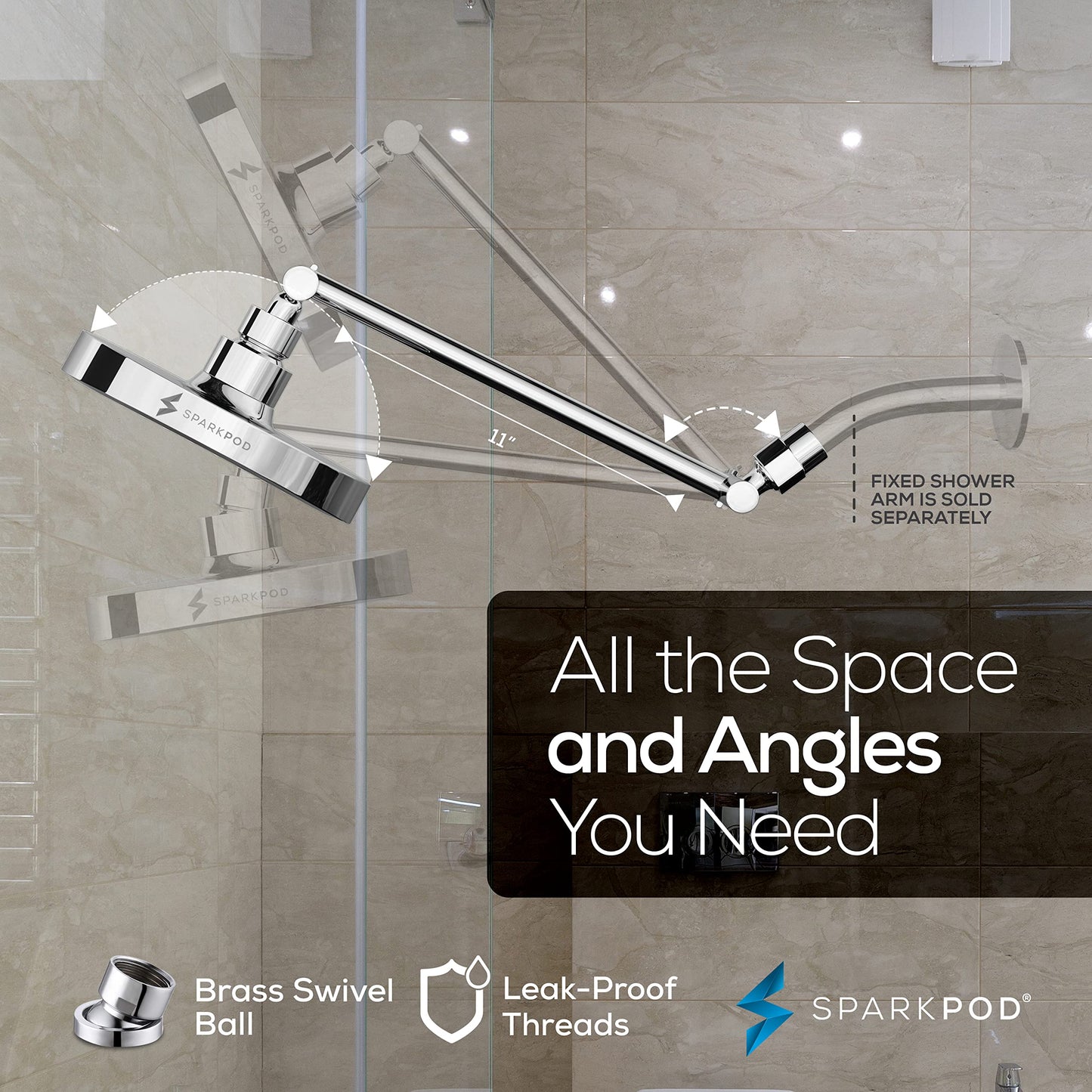 SparkPod Round Rain Shower Head with Extension Arm - Height Adjustable Shower Head with High Pressure Performance - Easy 1-Minute Installation (11" Arm Extension, Luxury Polished Chrome)