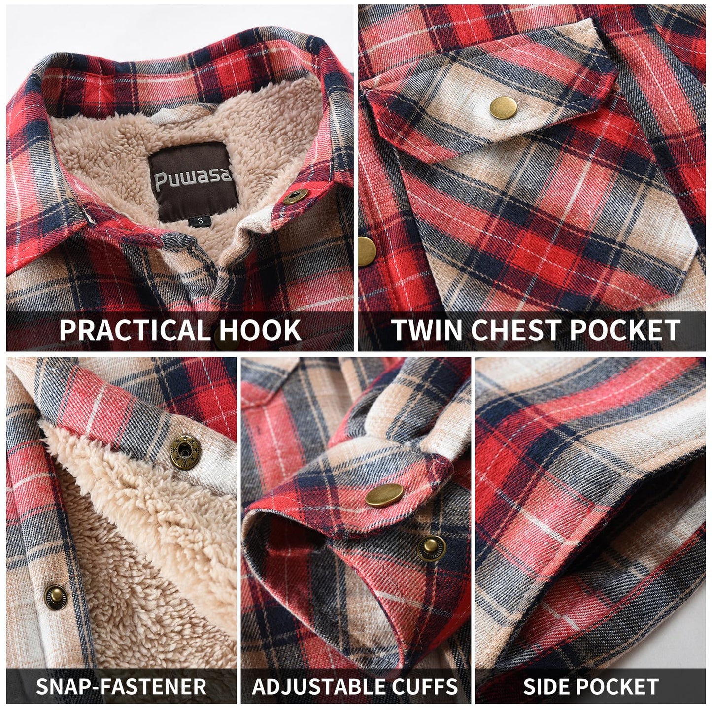 Puwasa Men's Flannel Jackets Sherpa Lined Side Pocket Shirt Jacket Plaid Button Up Camp Night Coat with Pocket Red X-Large Tall