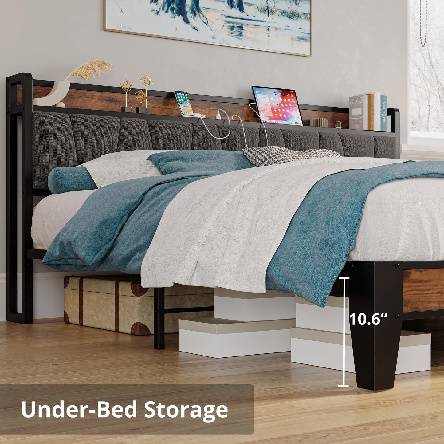 LIKIMIO California King Bed Frames, Storage Headboard with Charging Station, Solid and Stable, Noise Free, No Box Spring Needed, Easy Assembly