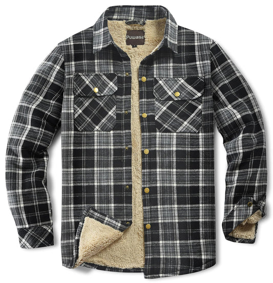 Puwasa Men's Sherpa Lined Cotton Flannel Shirt Jacket Plaid Button Up Jacket Coat for Men with Pocket Black Large Tall