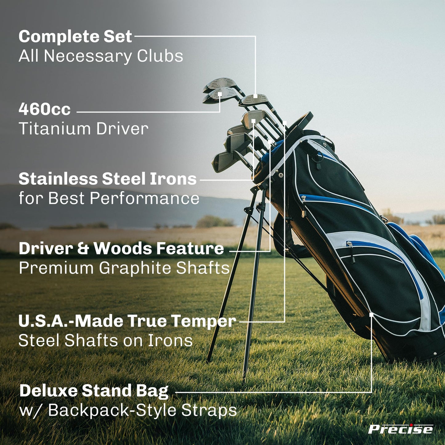 Precise S7 Men's Complete Right Handed Golf Club Set | Complete Regular & Tall Mens Golf Clubs Set | with 4 HC's, Lightweight Shafts & Spacious Stand Bag w/Storage Pockets & Dual Straps for Carrying
