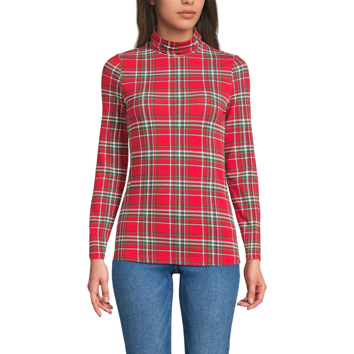Lands' End Womens Long Sleeve Shaped LWCM Turtleneck Compass Red/Emerald Plaid Tall X-Large