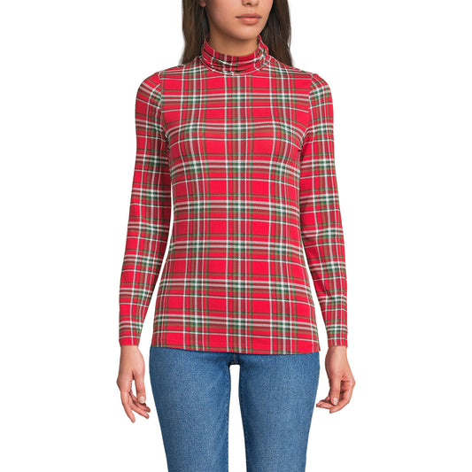 Lands' End Womens Long Sleeve Shaped LWCM Turtleneck Compass Red/Emerald Plaid Tall Medium