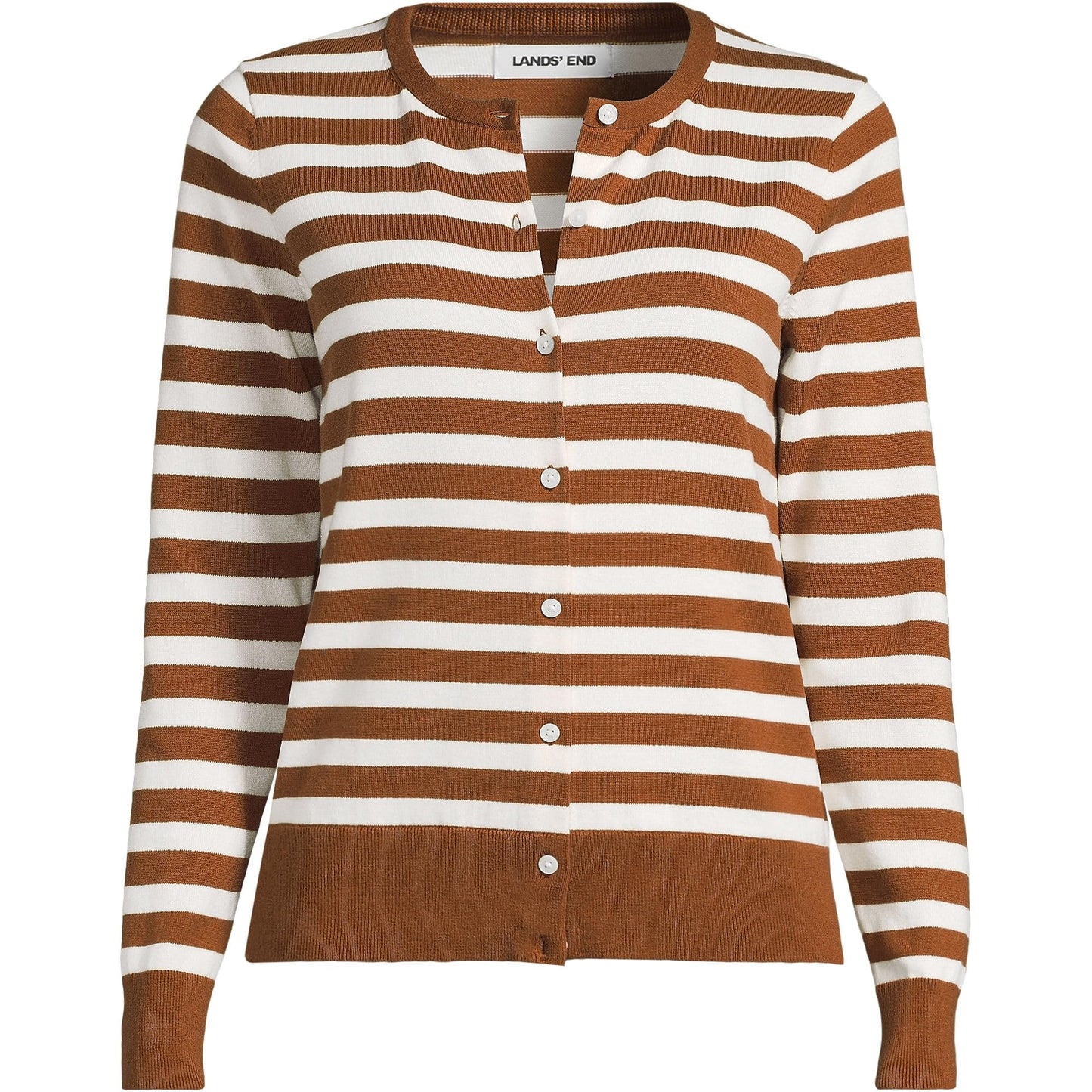 Lands' End Womens FG Cotton Cardigan Sweater Rich Ginger/Fresh Ivory Tall Medium