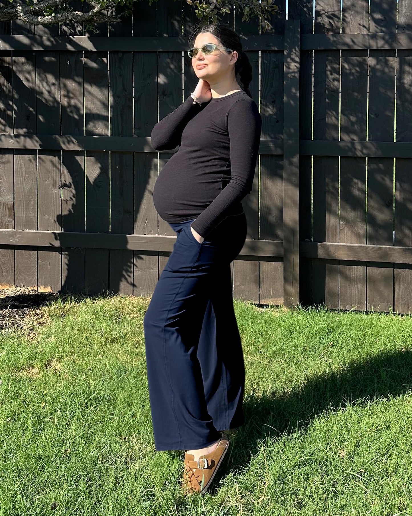 G4Free Maternity Lounge Pants with Pockets Yoga Wide Leg Pregnancy Slacks for Women Soft Stretchy for Work and Daily Wear(Royal Blue,L,34")