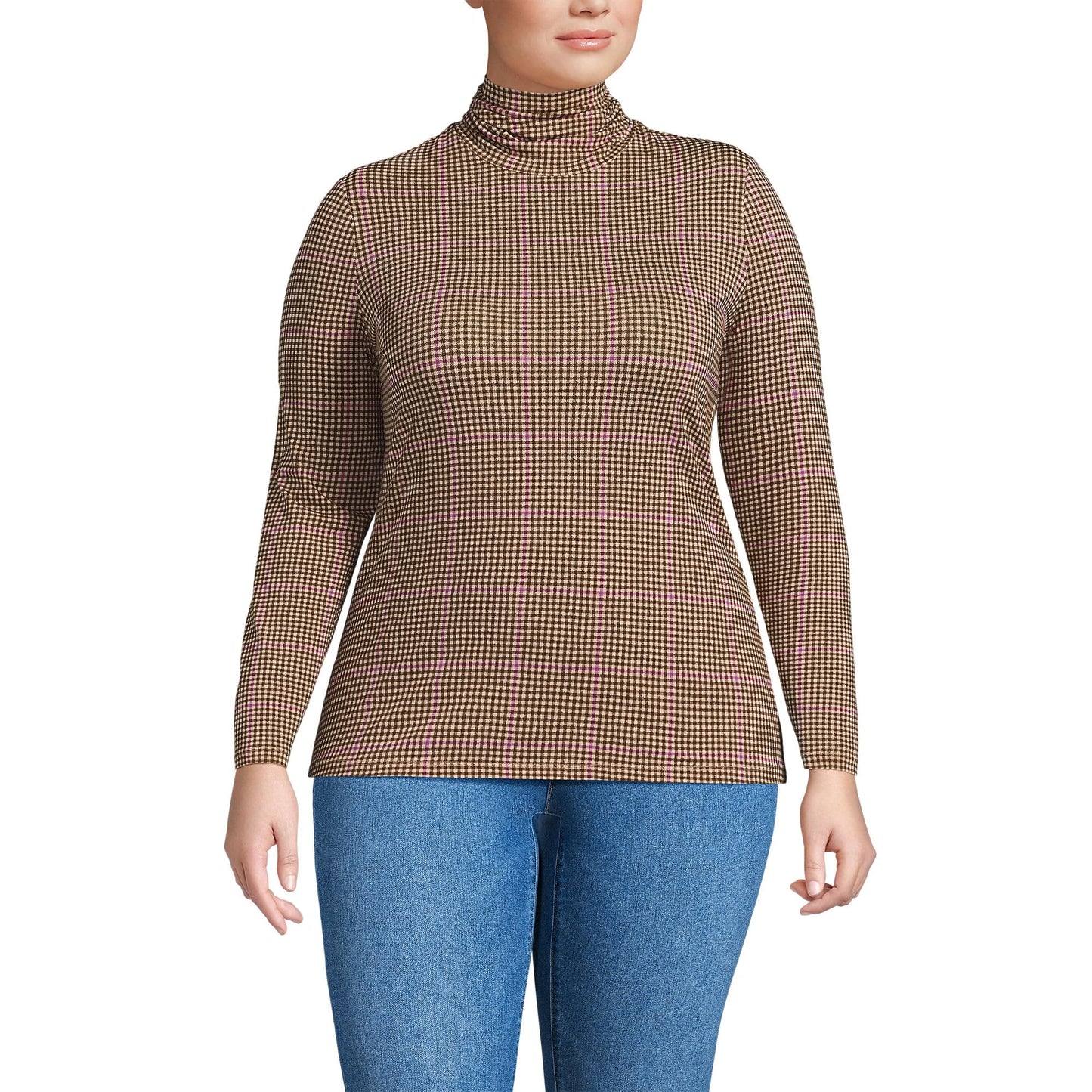 Lands' End Womens Long Sleeve Shaped LWCM Turtleneck Champagne/Brown Plaid Tall Small