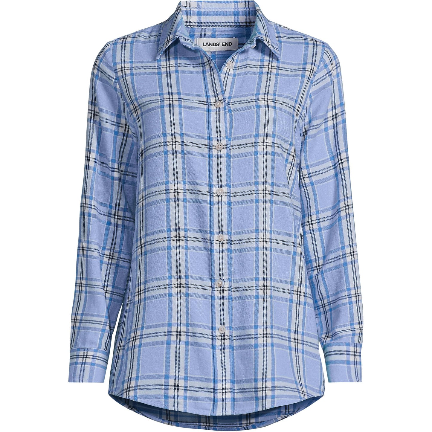 Lands' End Womens Flannel Boyfriend Long Sleeve Shirt Sea Spray Blue Plaid Tall Medium