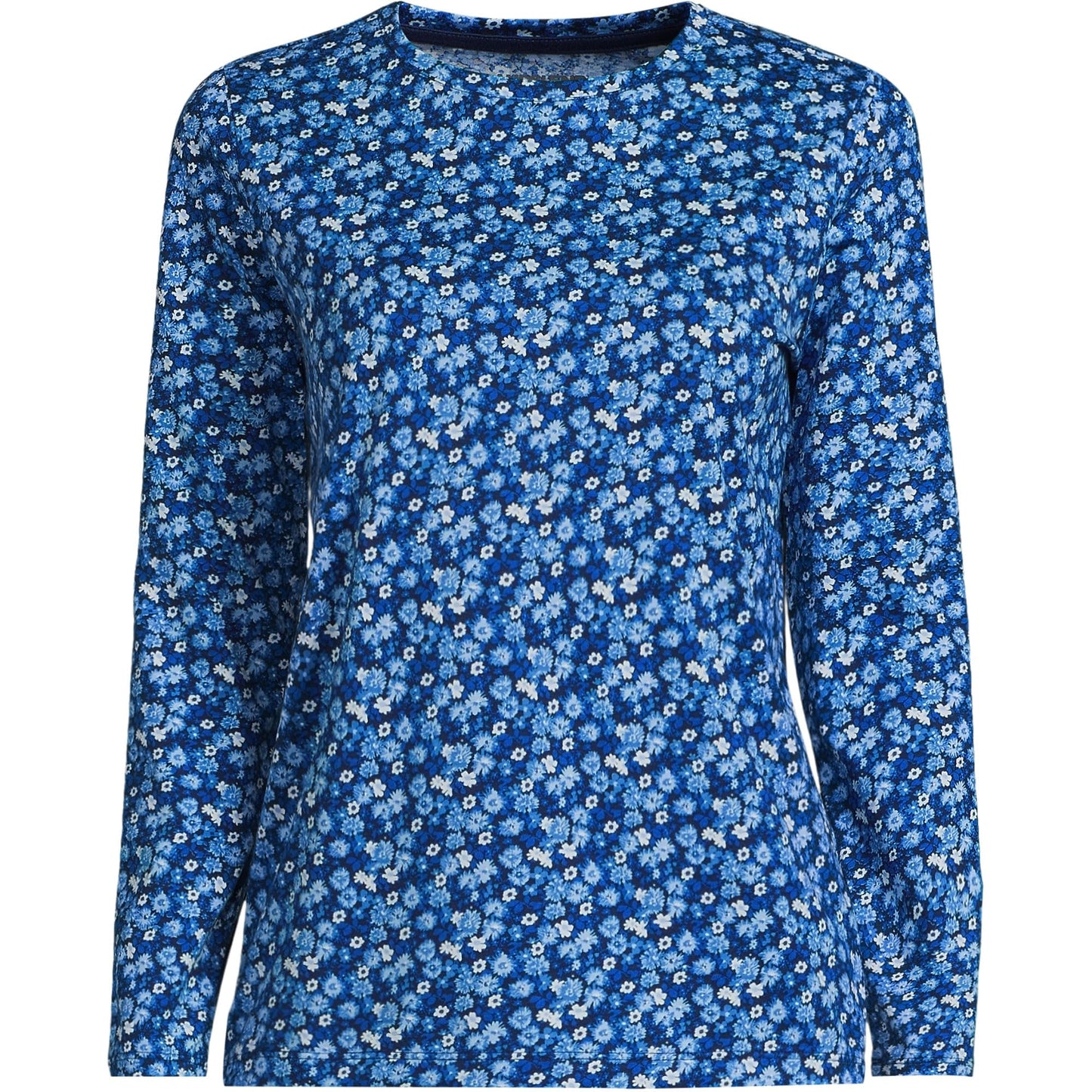 Lands' End Womens Long Sleeve Relaxed Supima Cotton Crew Neck T Shirt Deep Sea/Blue Ditsy Floral Tall Large
