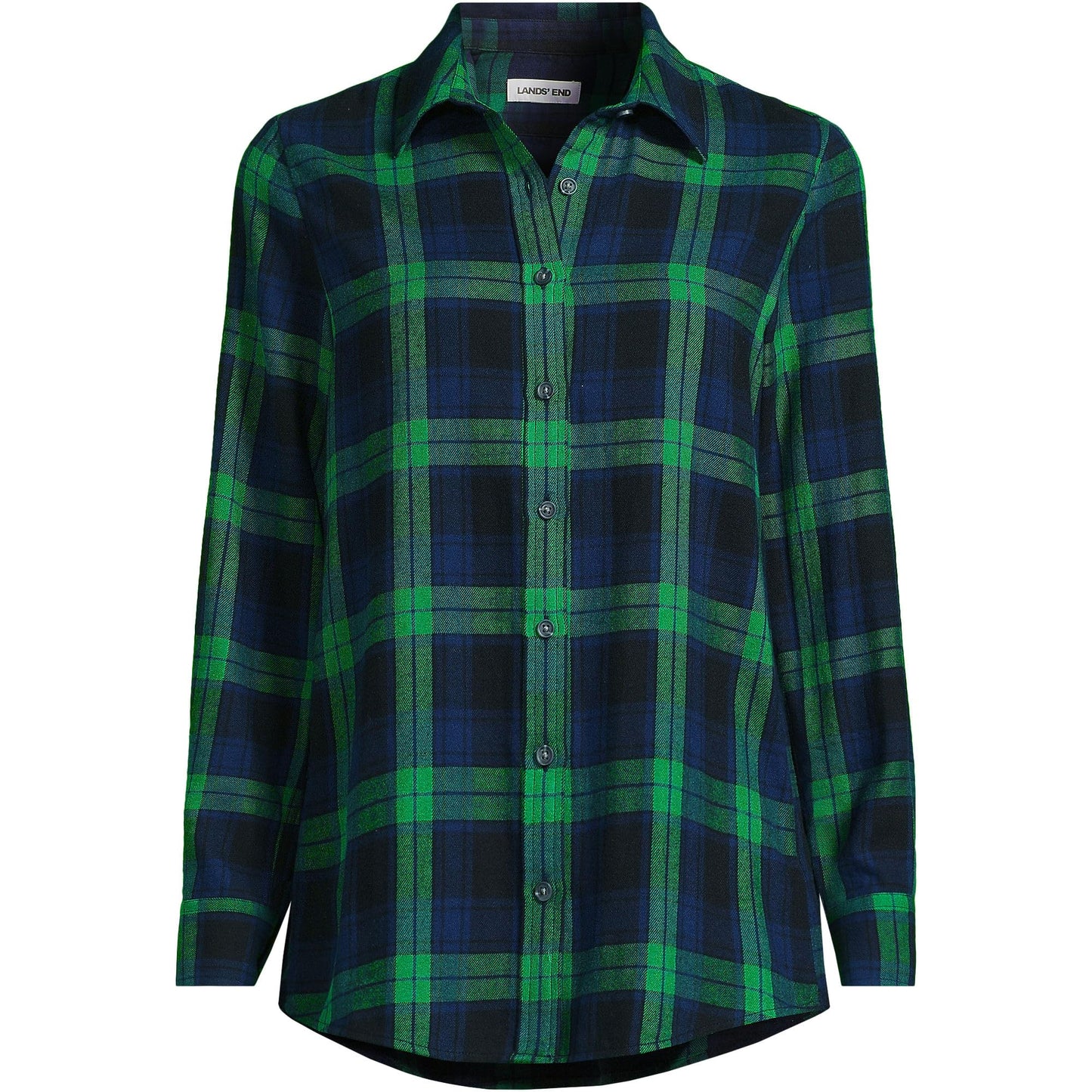 Lands' End Womens Flannel Boyfriend Long Sleeve Shirt Rich Clover/Navy Plaid Tall Large